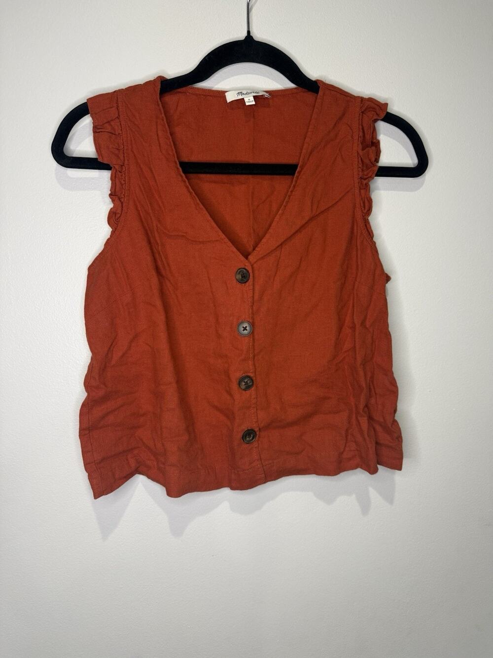 Madewell Burnt Orange Linen Blend Ruffle Button Front Tank Shirt size 0 Boho